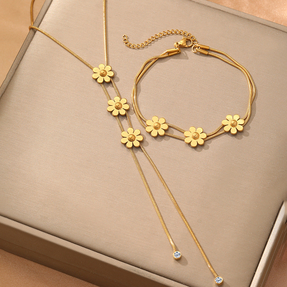 Three Dimensional Lock Necklace Set Stainless Steel with Floral Pastoral Style