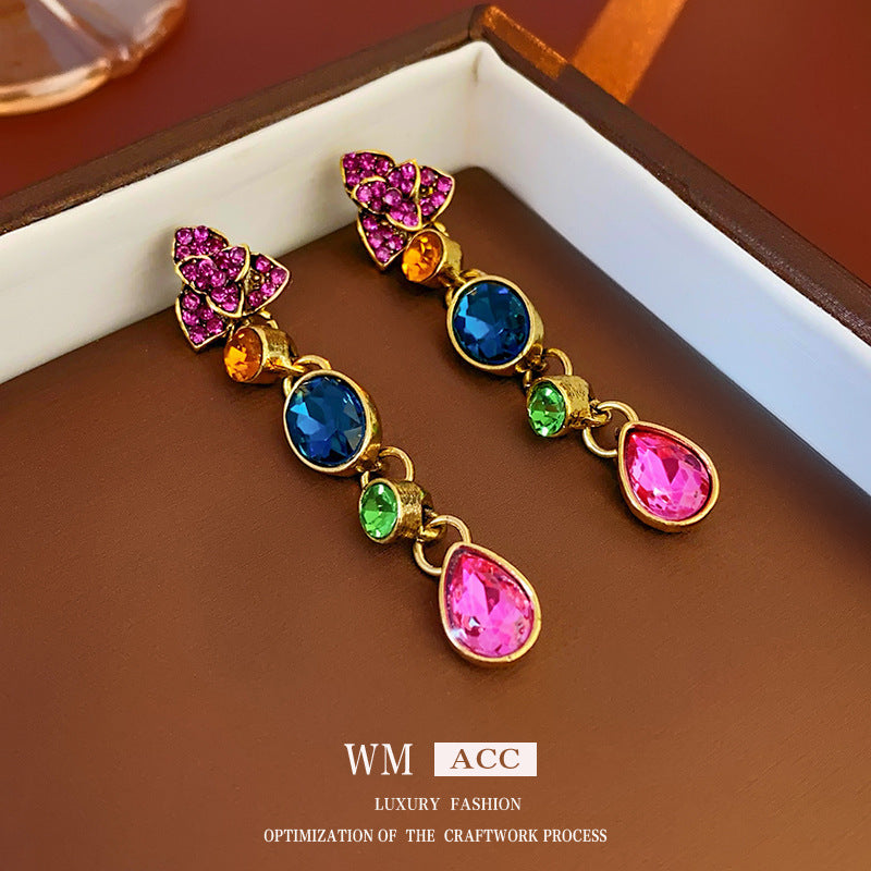 French Retro Diamond Flower Drop Earrings - Water Drop Style