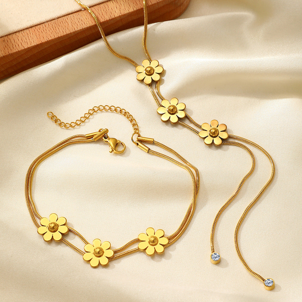 Three Dimensional Lock Necklace Set Stainless Steel with Floral Pastoral Style