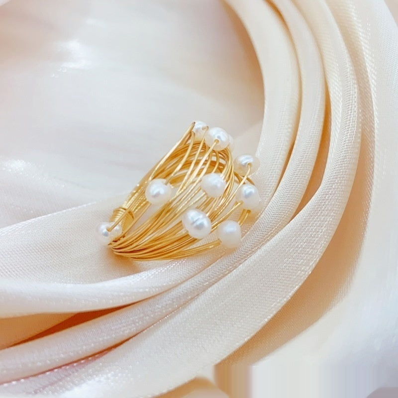 Starry Sky Winding Tourmaline and Pearl Ring