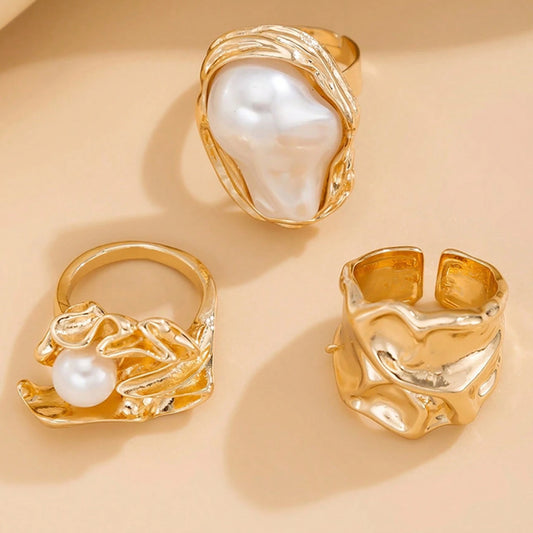 Geometric Retro Baroque Pearl Ring - Irregular Shape Inlay