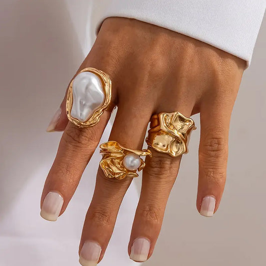 Geometric Retro Baroque Pearl Ring - Irregular Shape Inlay