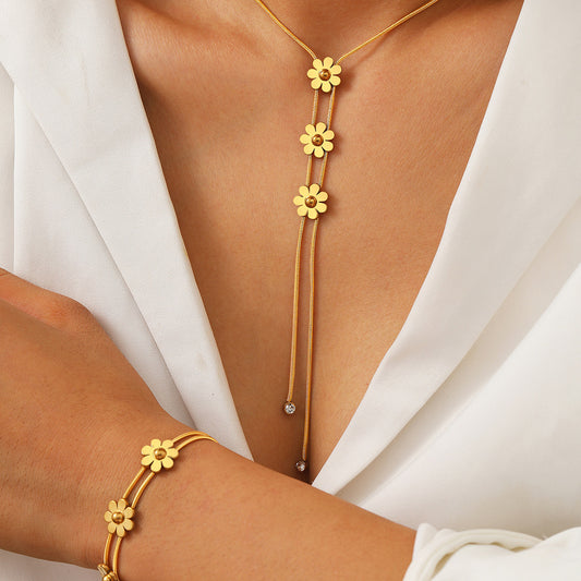 Three Dimensional Lock Necklace Set Stainless Steel with Floral Pastoral Style